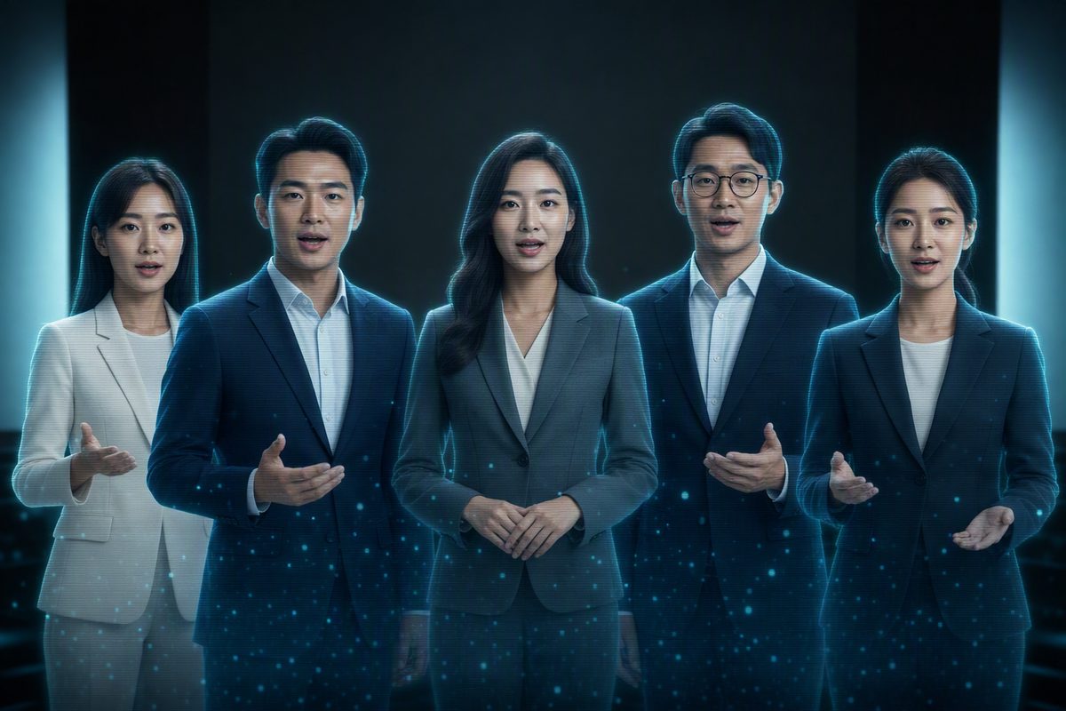 一排 AI 数字人主播正对镜头讲解,全息光效
