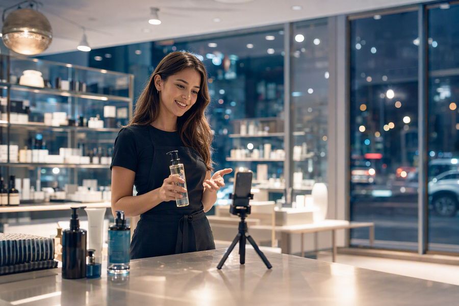 夜晚明亮的连锁零售门店,店员用手机支架拍摄短视频