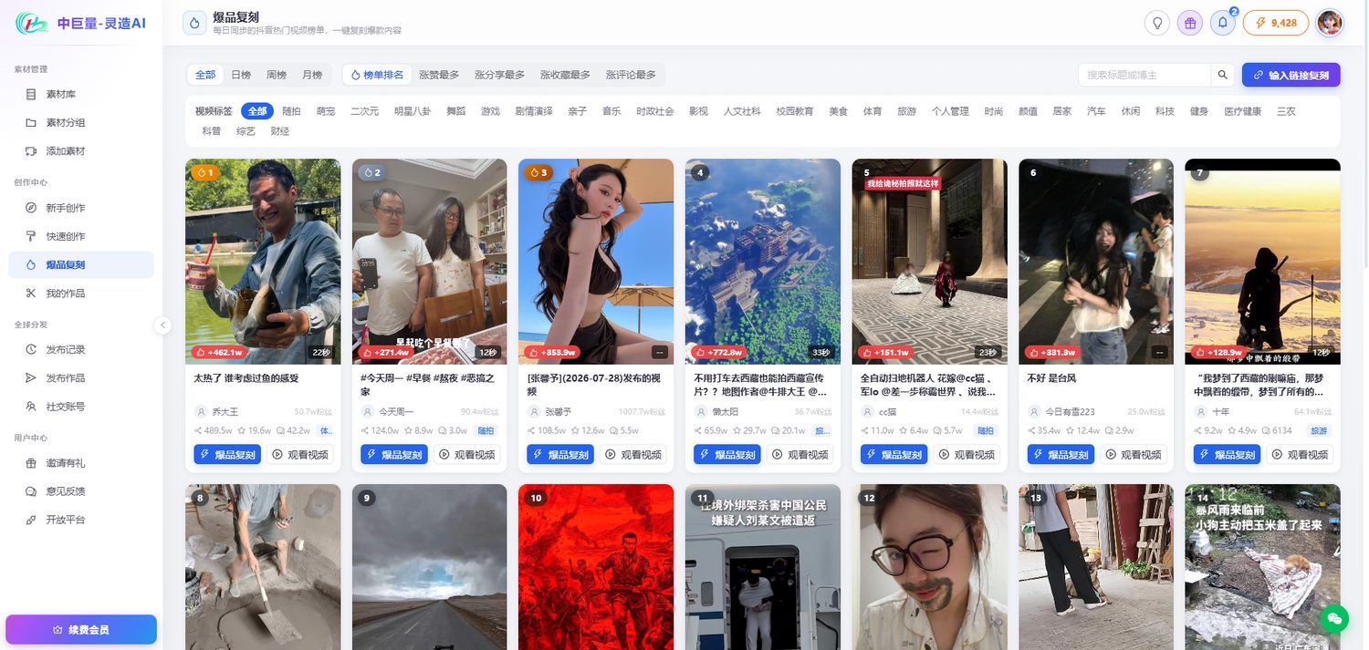 爆品复刻榜单:每日同步的抖音热门视频排行,每条带一键复刻按钮